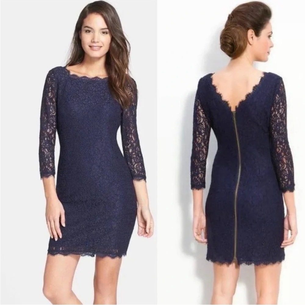 Elegant Navy Lace Long Sleeve Dress EUC